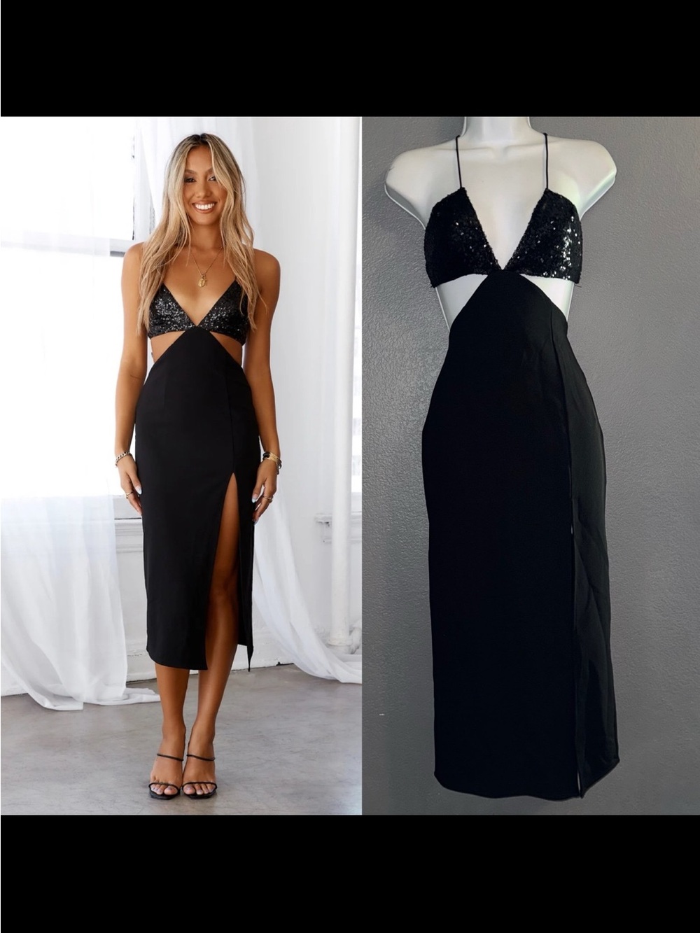 Hello Molly Black Sequin Cutout Midi Dress